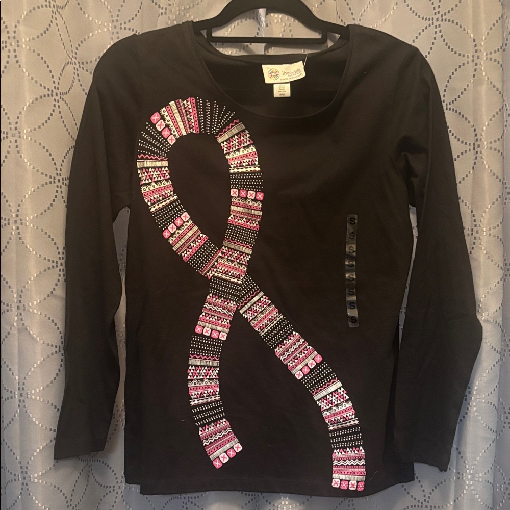 Black Long Sleeve Top with Pink Ribbon Design